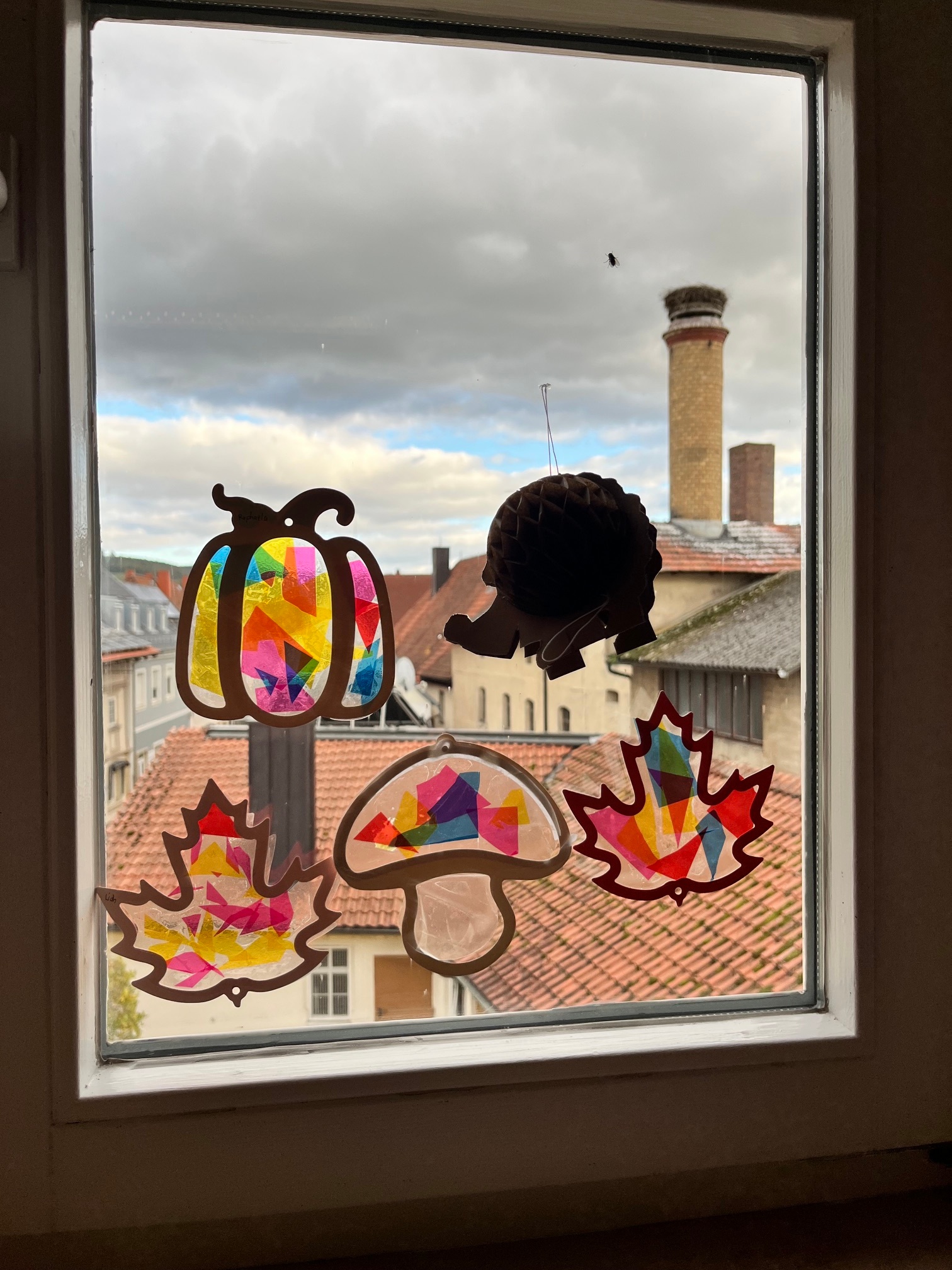 Der Blick aus dem Fenster im zweiten Stock des Jugenheims mit Fensterbilder